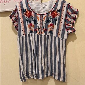 Tobi Striped Floral Embroidered Top - Blue and Red